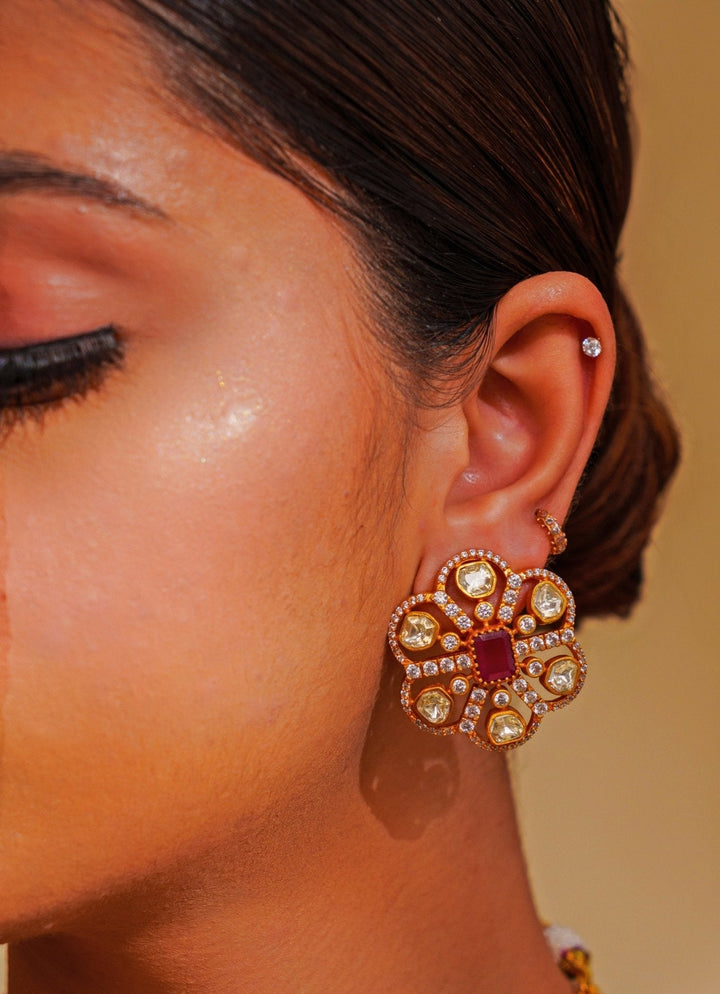 Gold Plated Moissanite And Red Stone Necklace Set Zevar by Geeta - Fabilicious Fashion