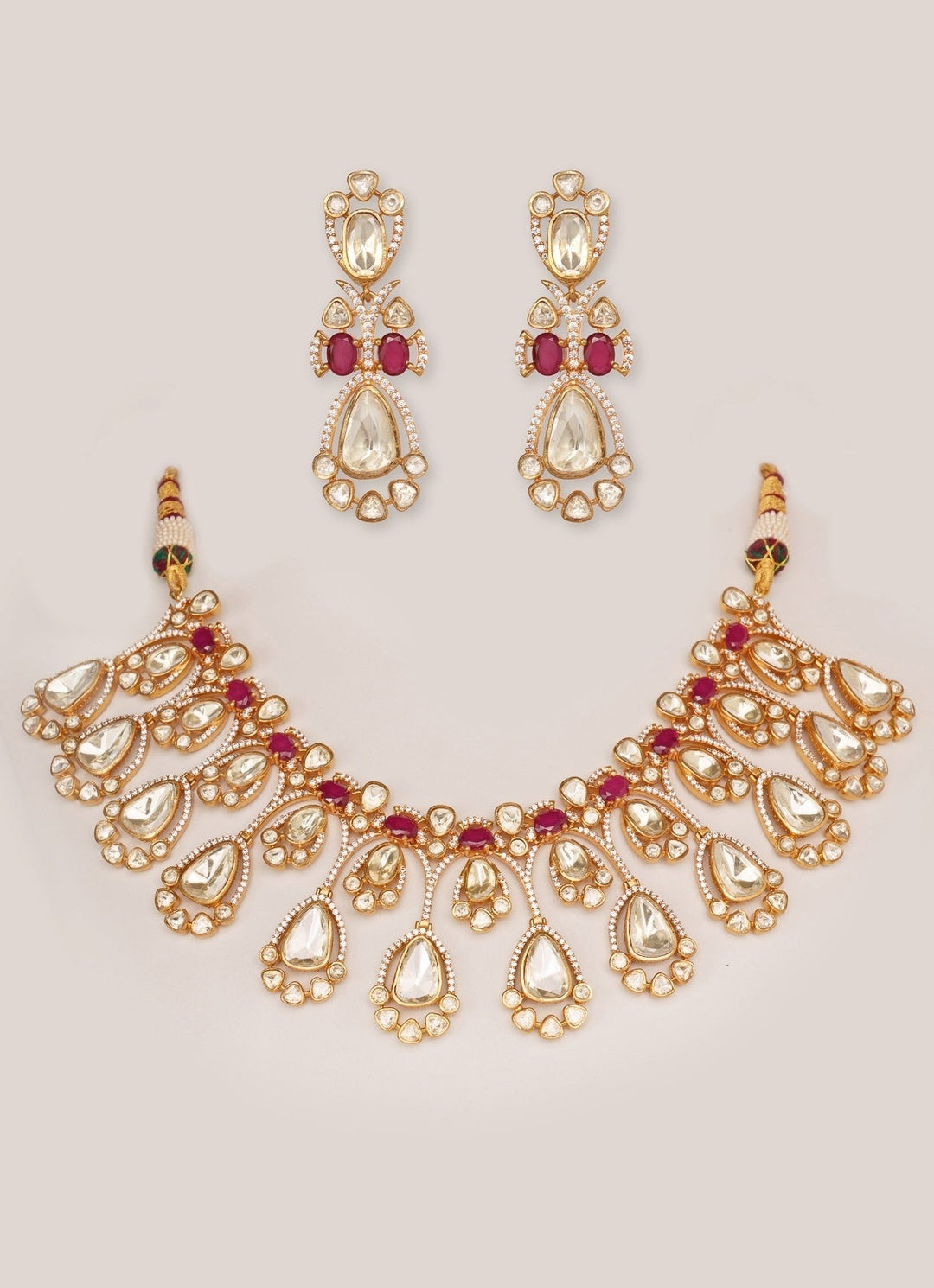 Gold Plated Moissanite And Red Stone Necklace Set Zevar by Geeta - Fabilicious Fashion