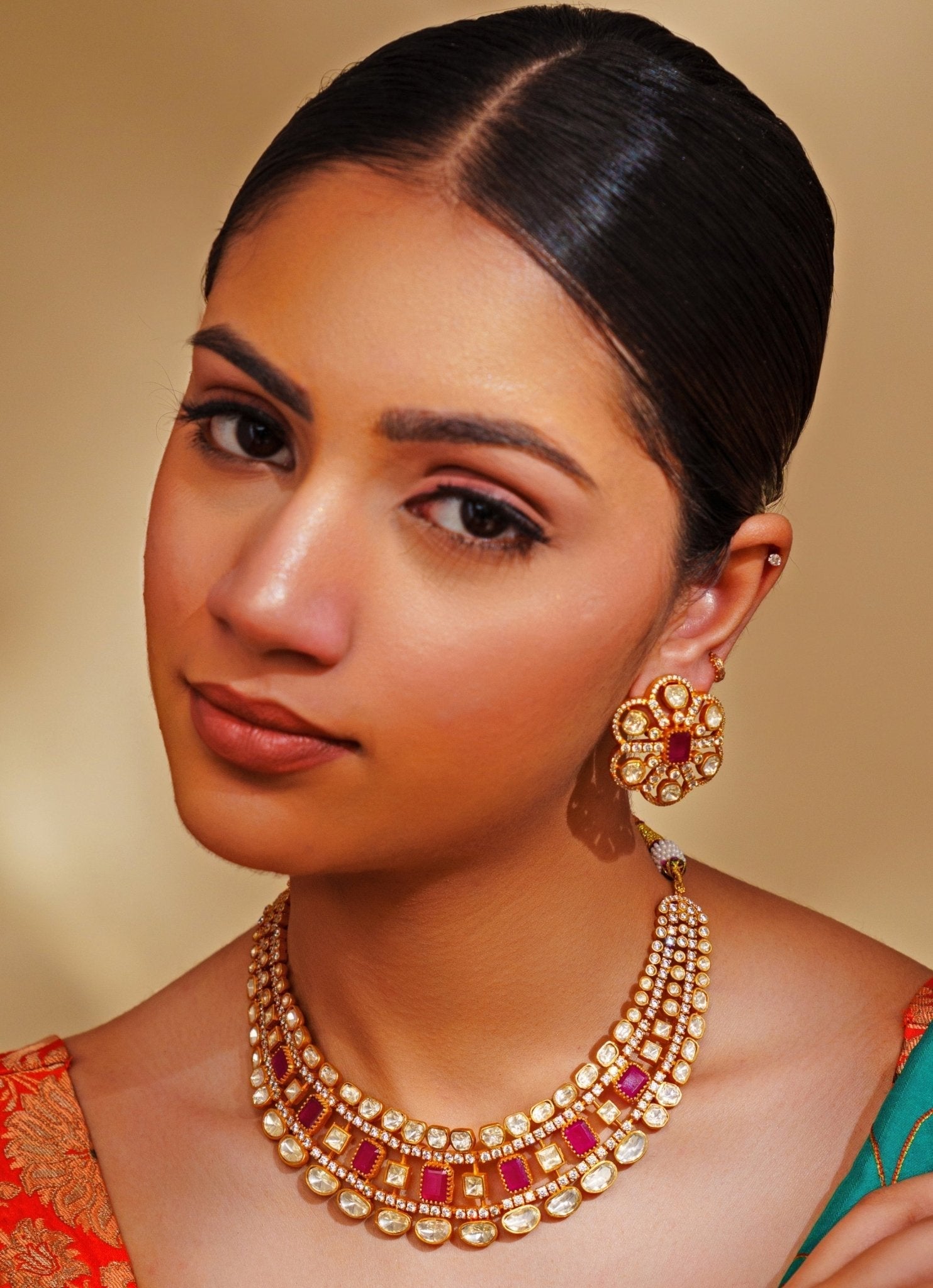 Gold Plated Moissanite And Red Stone Necklace Set