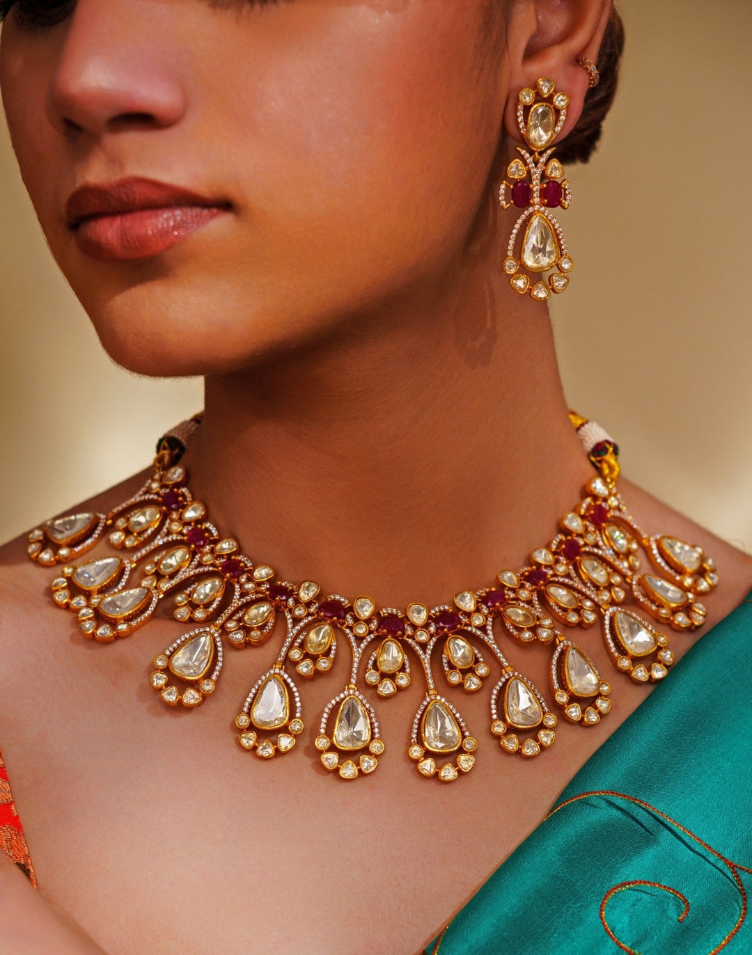 Gold Plated Moissanite And Red Stone Necklace Set Zevar by Geeta - Fabilicious Fashion