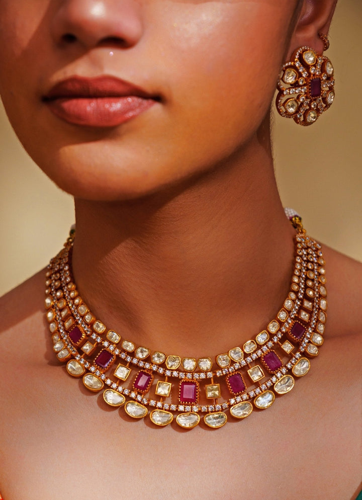 Gold Plated Moissanite And Red Stone Necklace Set Zevar by Geeta - Fabilicious Fashion