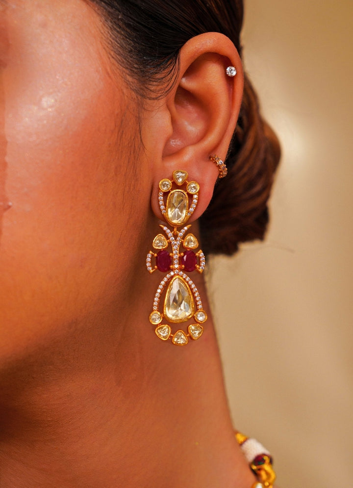 Gold Plated Moissanite And Red Stone Necklace Set Zevar by Geeta - Fabilicious Fashion