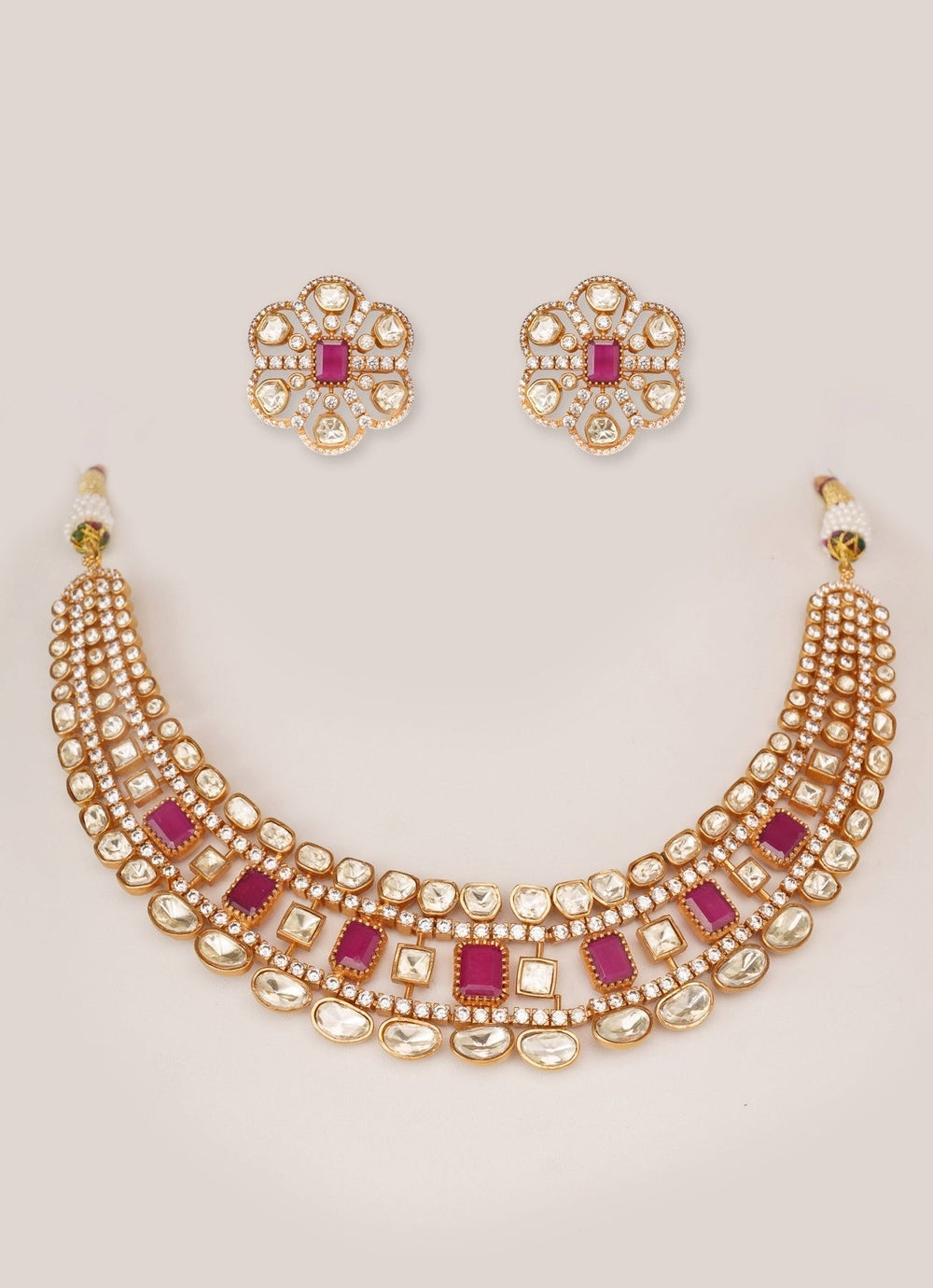 Gold Plated Moissanite And Red Stone Necklace Set Zevar by Geeta - Fabilicious Fashion