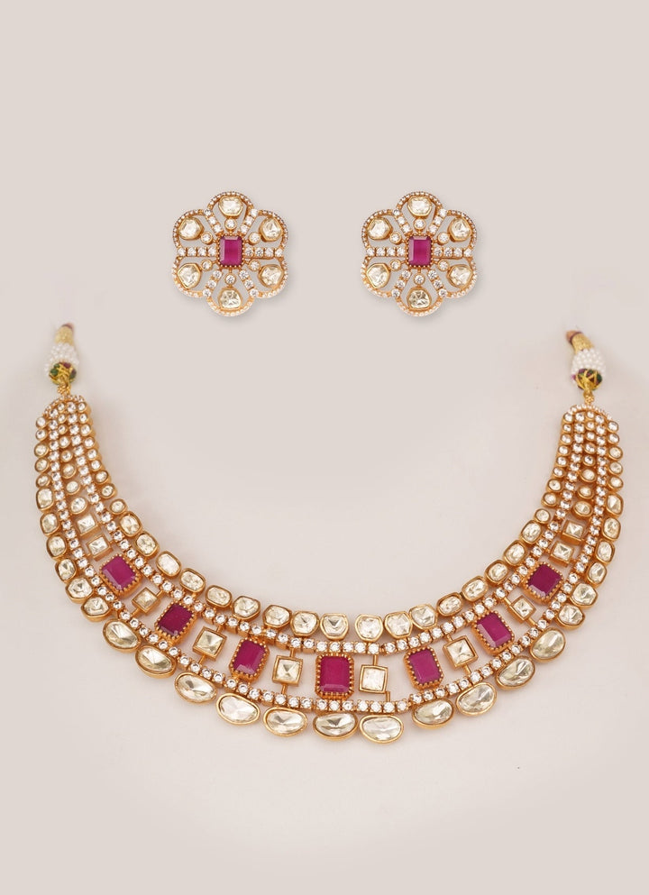 Gold Plated Moissanite And Red Stone Necklace Set Zevar by Geeta - Fabilicious Fashion
