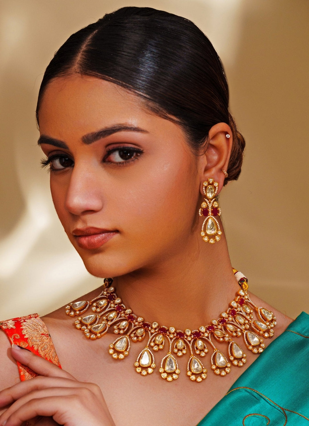 Gold Plated Moissanite And Red Stone Necklace Set Zevar by Geeta - Fabilicious Fashion