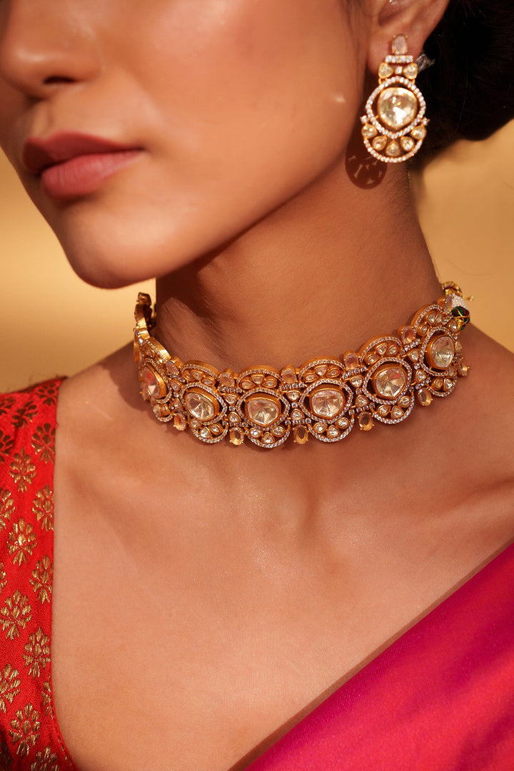 Gold Plated Moissanite Choker Set Zevar by Geeta - Fabilicious Fashion
