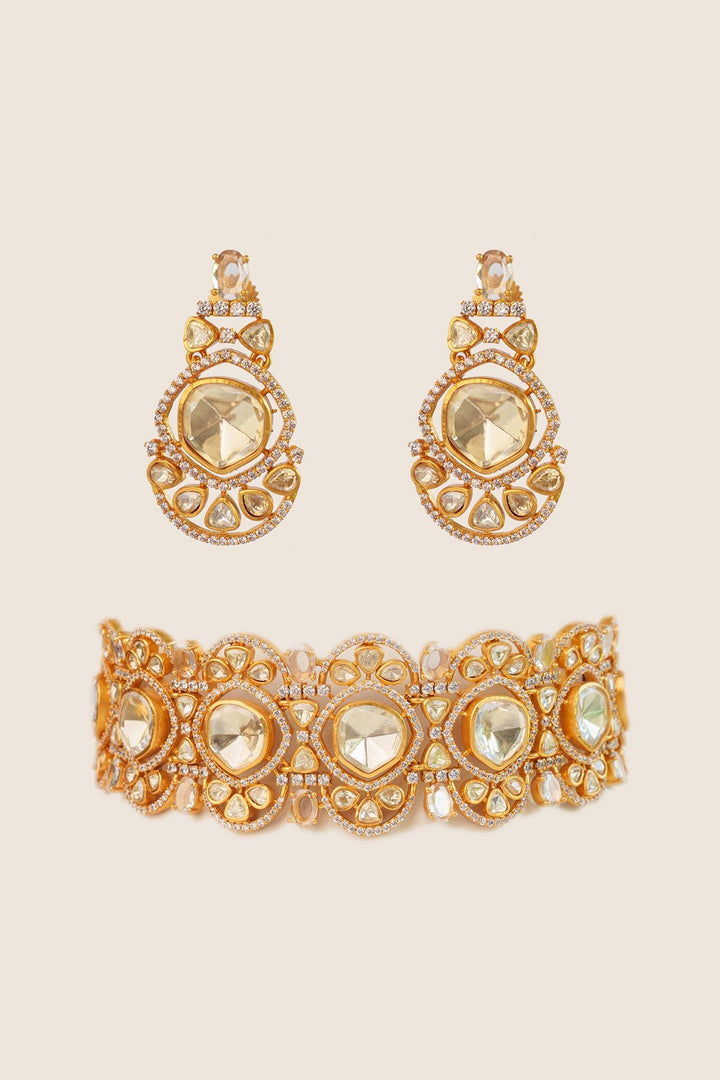 Gold Plated Moissanite Choker Set Zevar by Geeta - Fabilicious Fashion