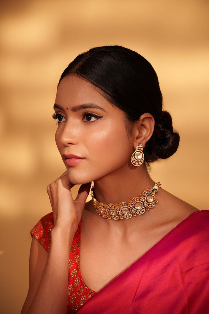 Gold Plated Moissanite Choker Set Zevar by Geeta - Fabilicious Fashion