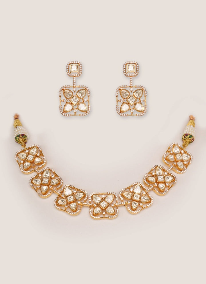 Gold Plated Moissanite Floral Choker Set Zevar by Geeta - Fabilicious Fashion