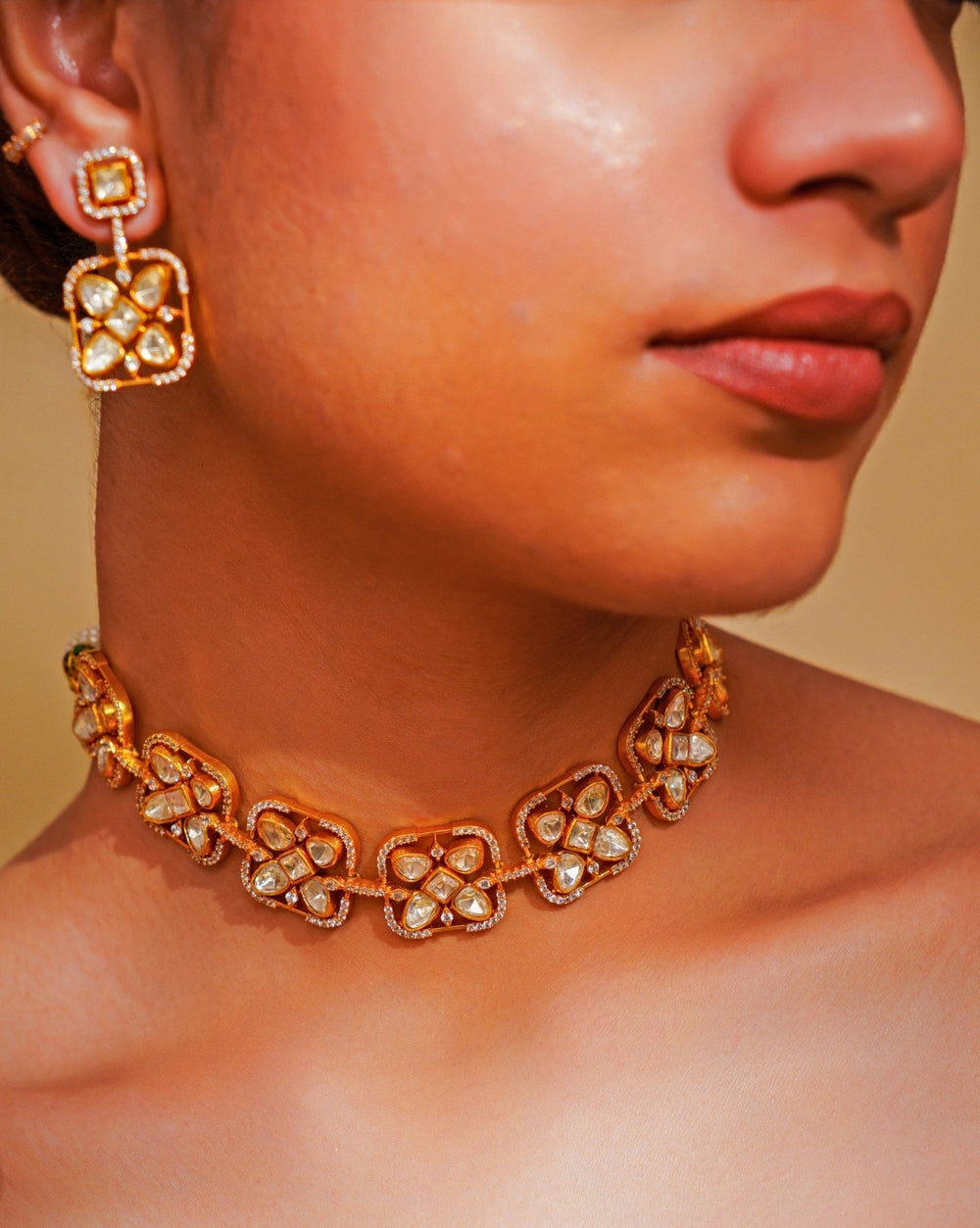 Gold Plated Moissanite Floral Choker Set Zevar by Geeta - Fabilicious Fashion
