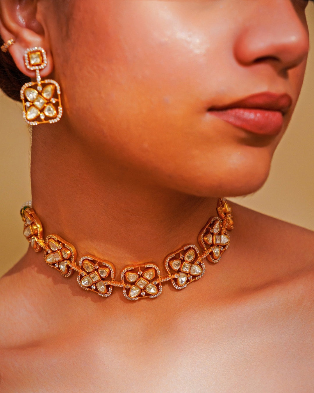 Gold Plated Moissanite Floral Choker Set Zevar by Geeta - Fabilicious Fashion