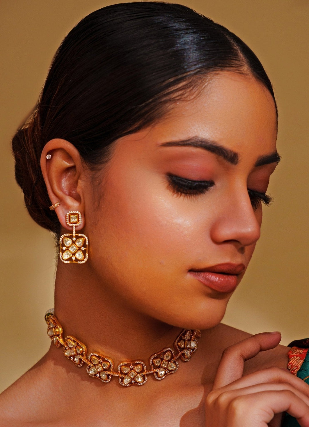 Gold Plated Moissanite Floral Choker Set Zevar by Geeta - Fabilicious Fashion