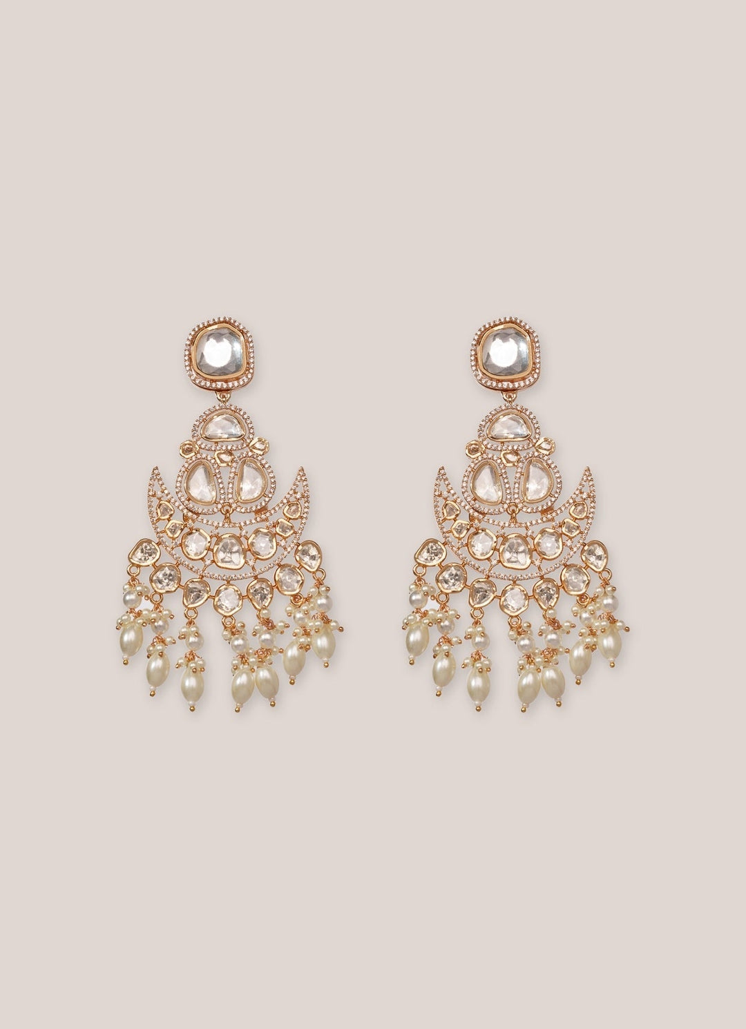 Gold Plated Moissanite Long Earrings With Pearl Hangings Zevar by Geeta - Fabilicious Fashion