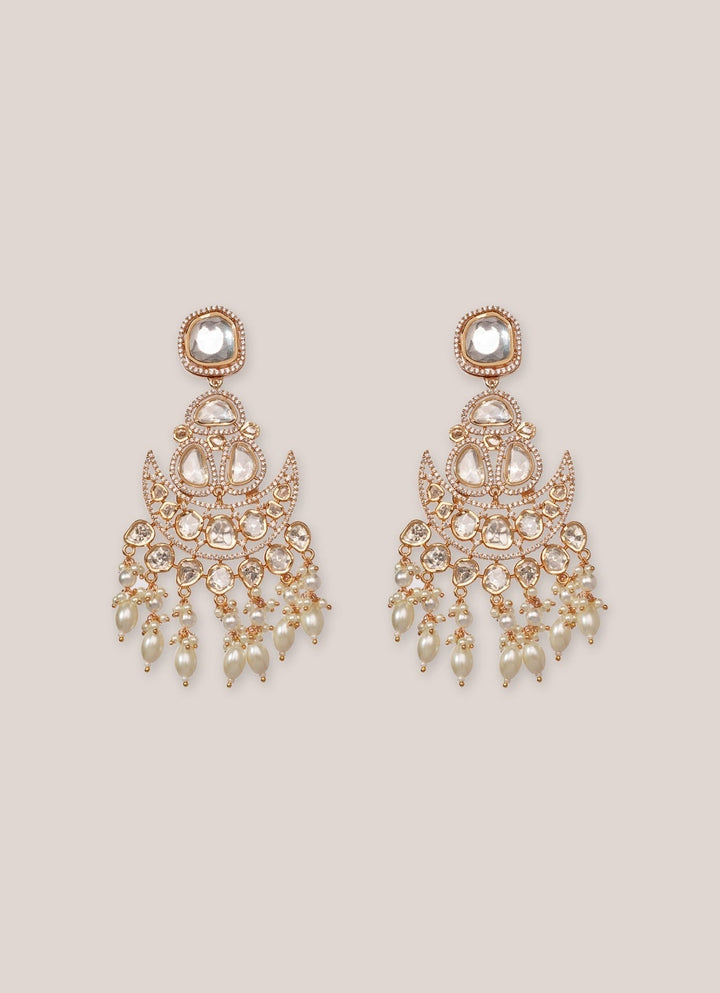 Gold Plated Moissanite Long Earrings With Pearl Hangings Zevar by Geeta - Fabilicious Fashion