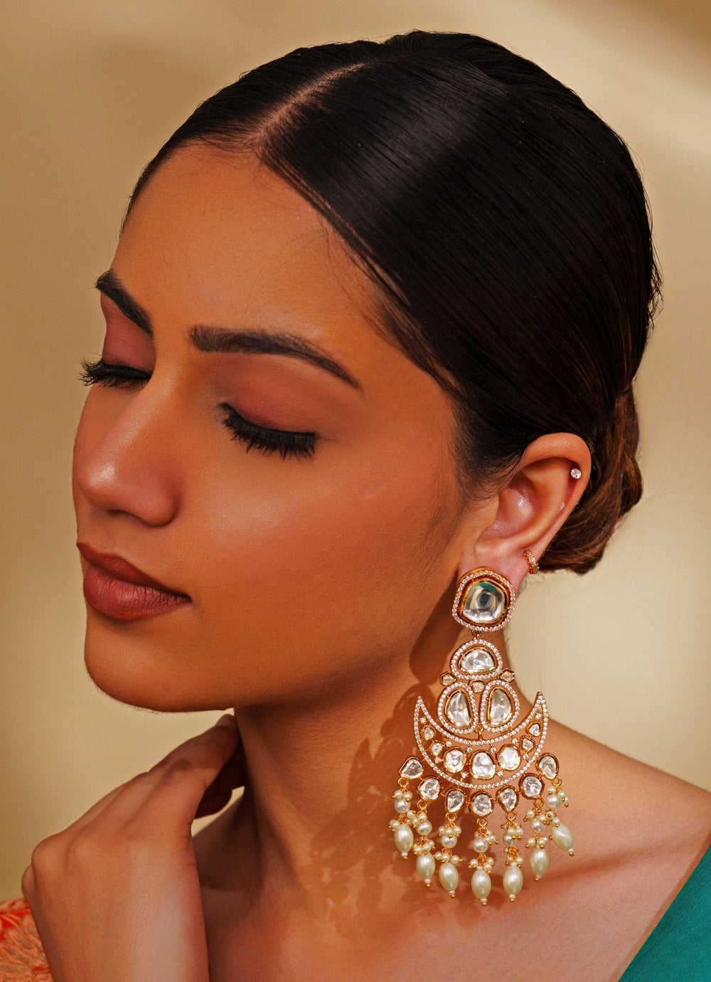 Gold Plated Moissanite Long Earrings With Pearl Hangings Zevar by Geeta - Fabilicious Fashion