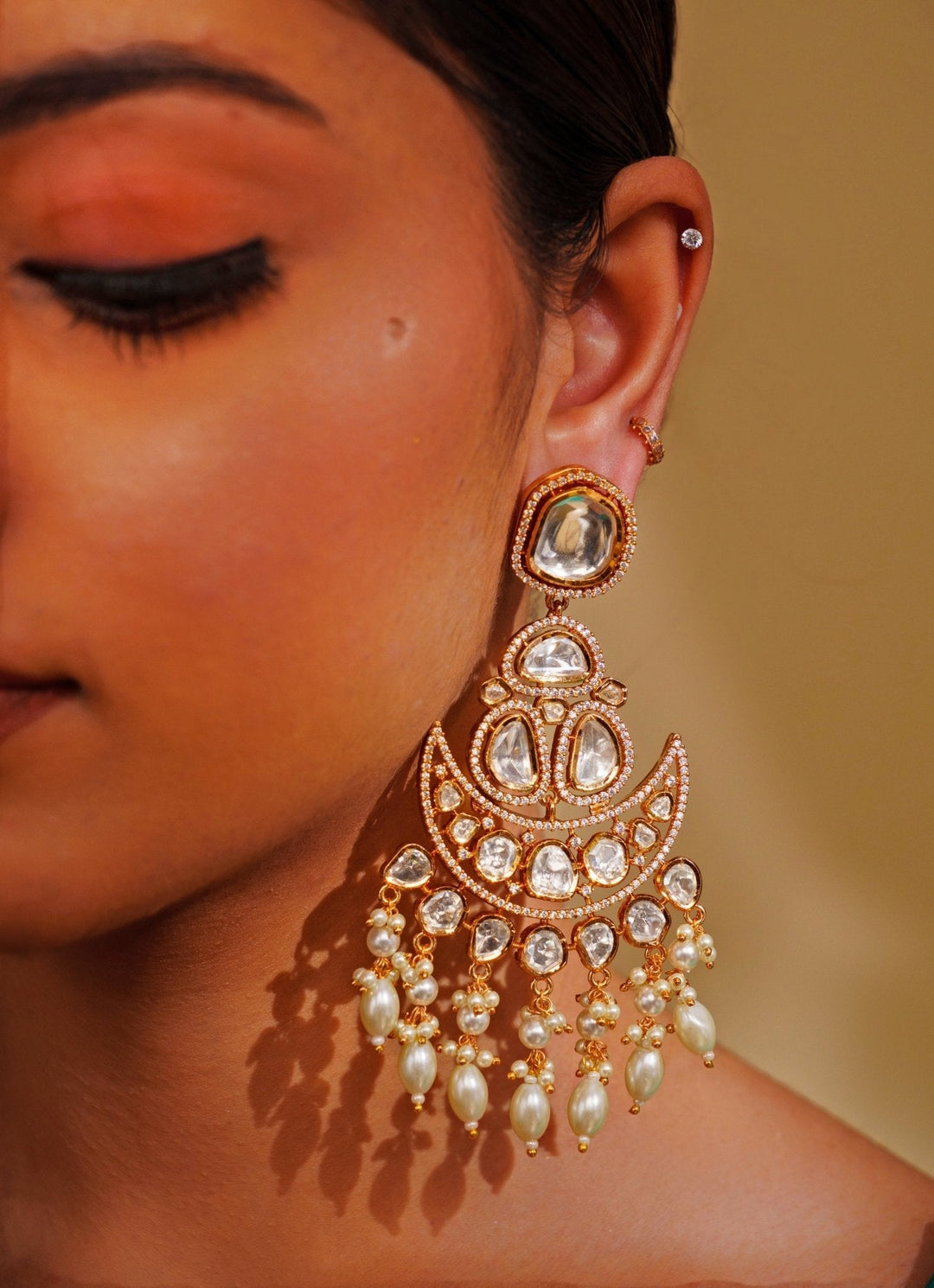 Gold Plated Moissanite Long Earrings With Pearl Hangings Zevar by Geeta - Fabilicious Fashion