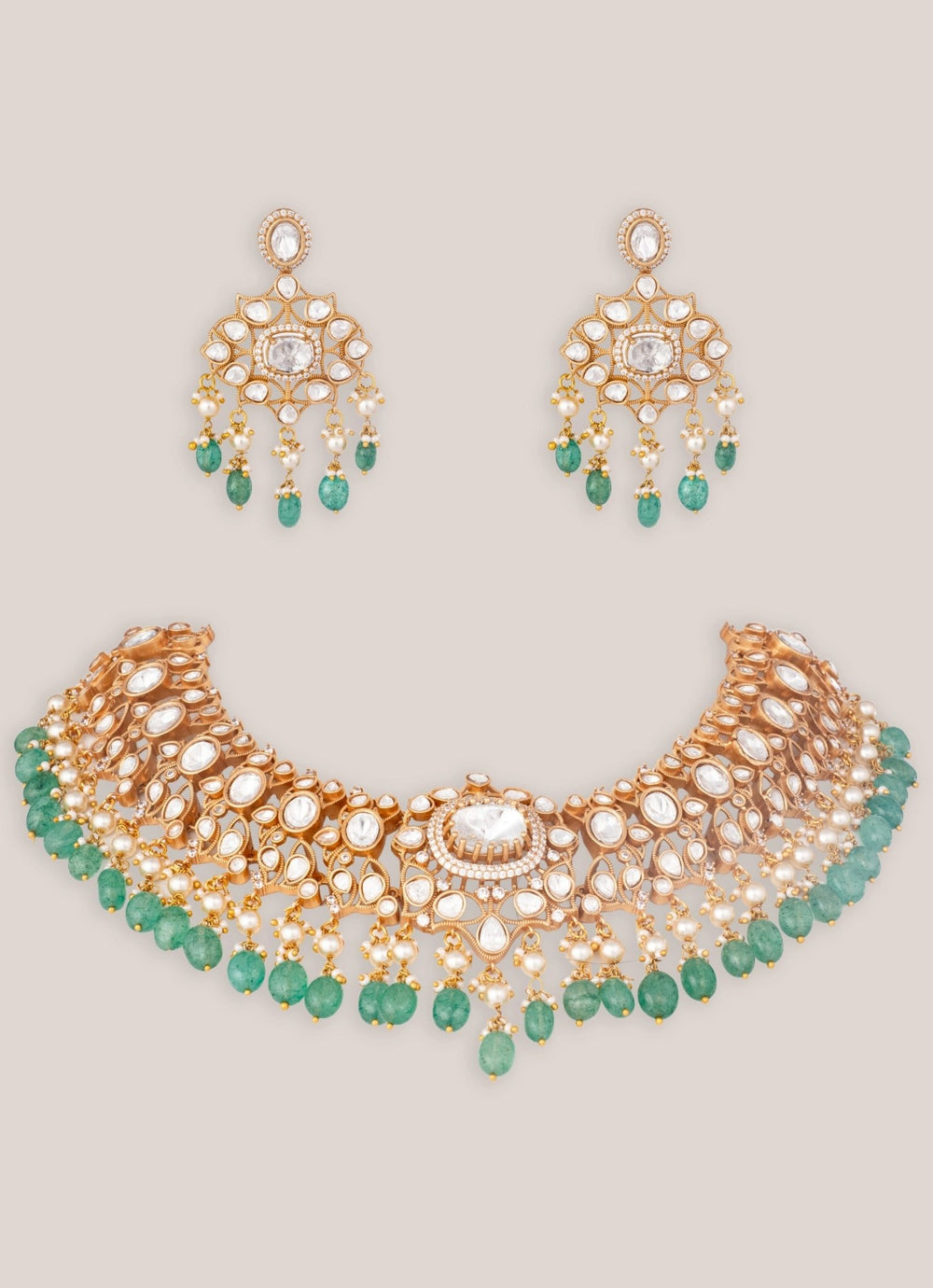 Gold Plated Moissanite Necklace Set With Green Pearls Zevar by Geeta - Fabilicious Fashion