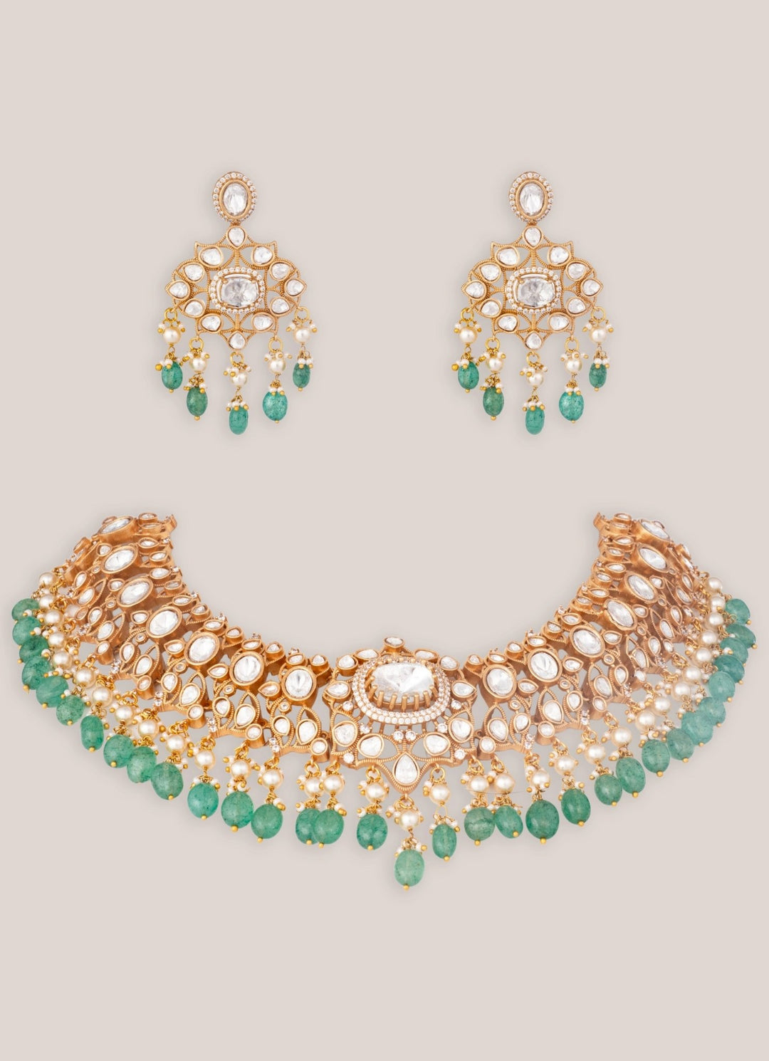 Gold Plated Moissanite Necklace Set With Green Pearls Zevar by Geeta - Fabilicious Fashion