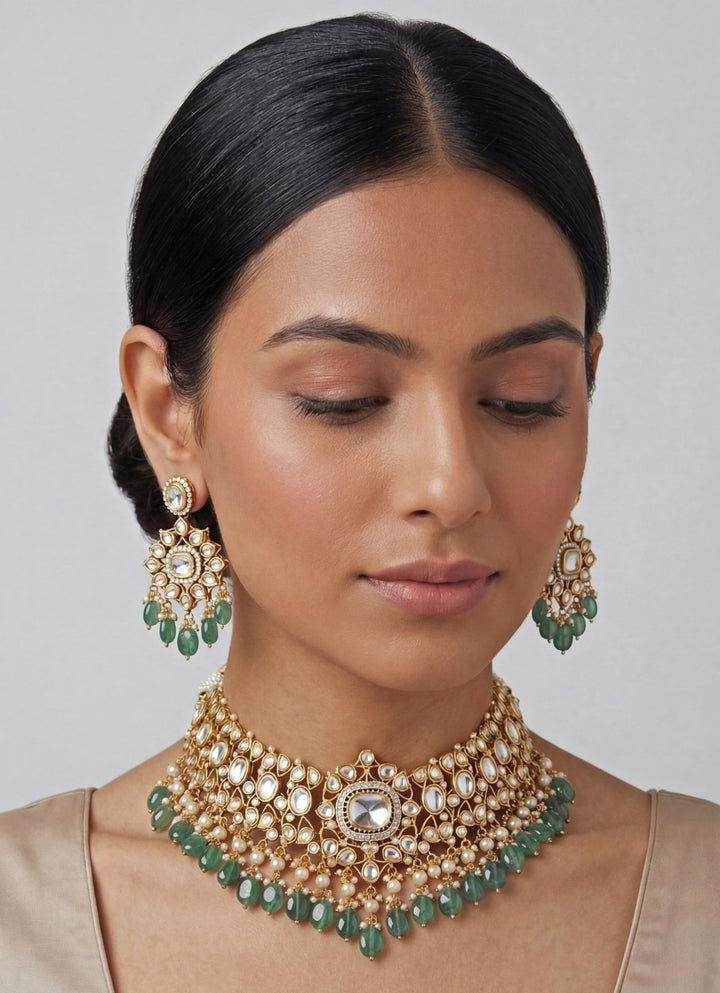 Gold Plated Moissanite Necklace Set With Green Pearls Zevar by Geeta - Fabilicious Fashion