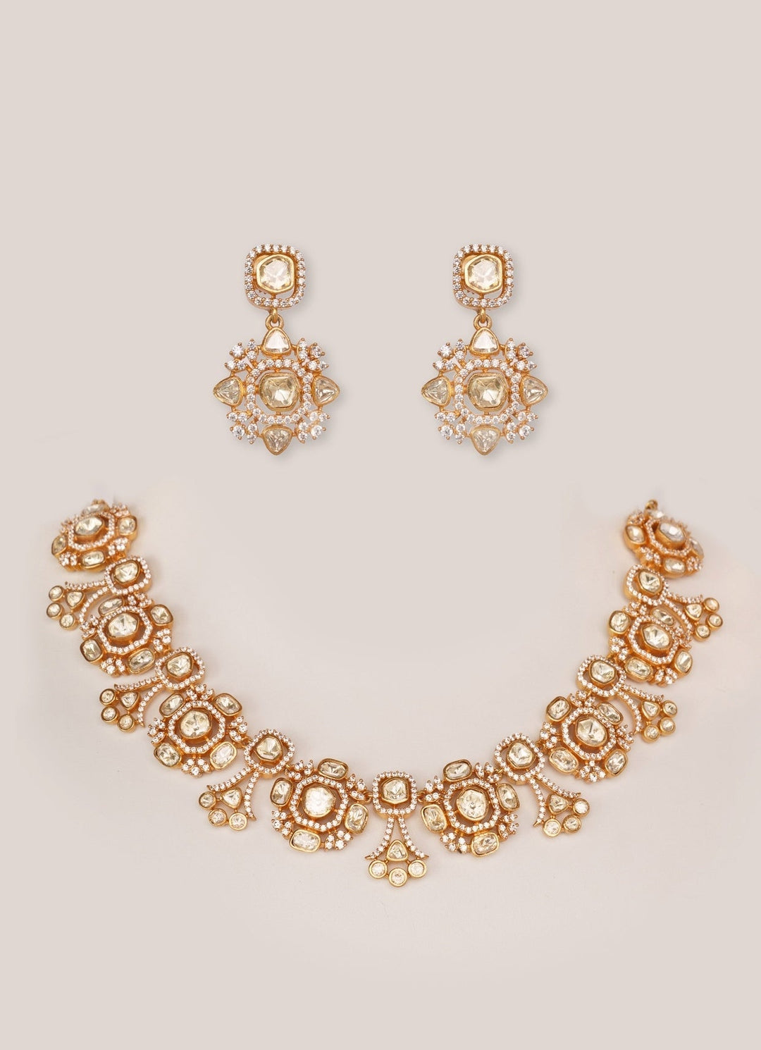 Gold Plated Moissanite Necklace Set Zevar by Geeta - Fabilicious Fashion