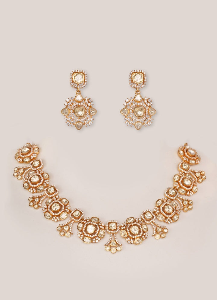 Gold Plated Moissanite Necklace Set Zevar by Geeta - Fabilicious Fashion