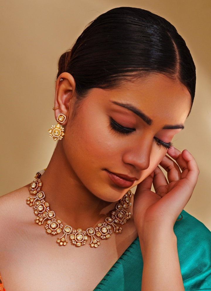 Gold Plated Moissanite Necklace Set Zevar by Geeta - Fabilicious Fashion