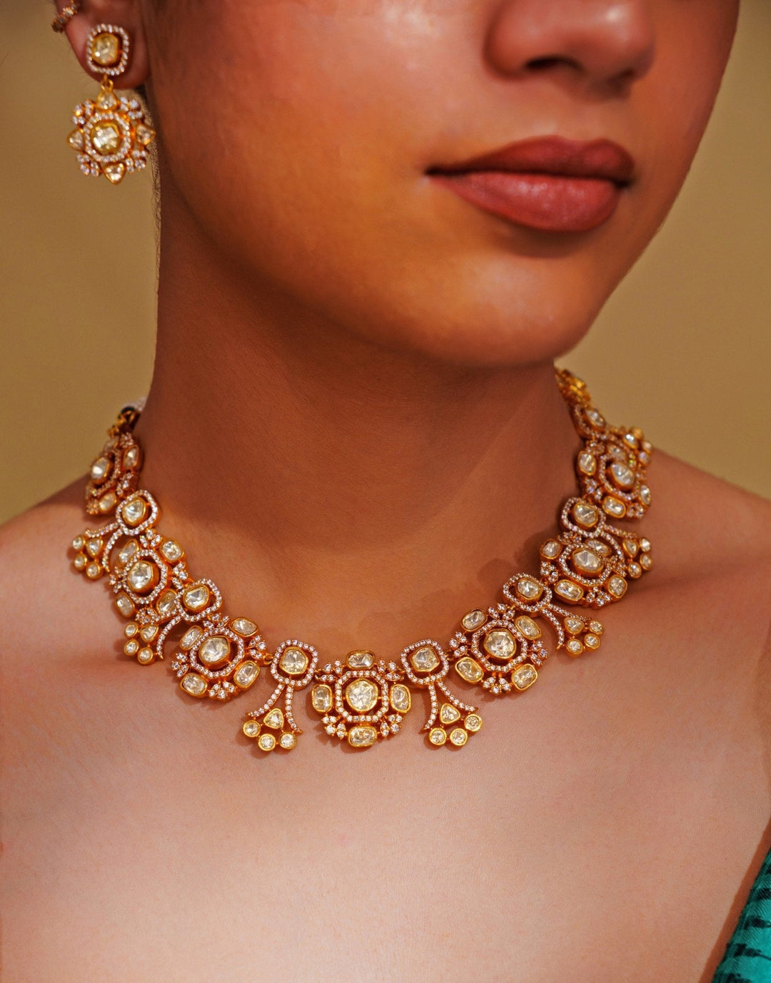 Gold Plated Moissanite Necklace Set Zevar by Geeta - Fabilicious Fashion