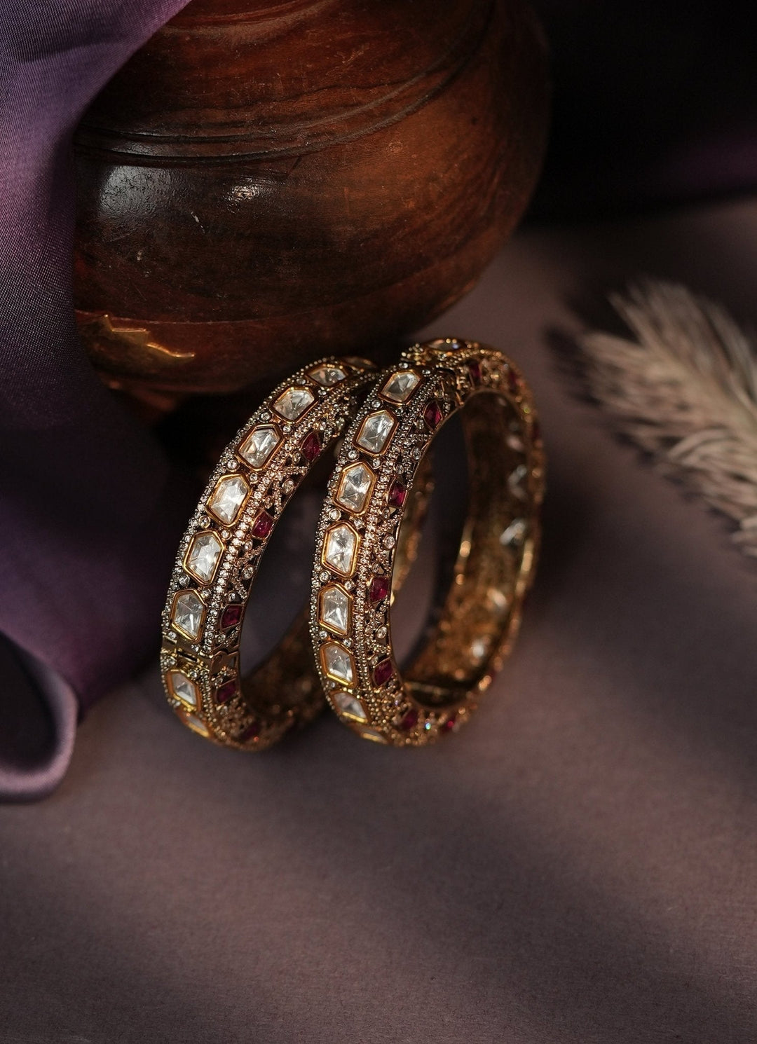 Gold Plated Moissanite Pink And White Stone Bangle Kalyani Indian Jewelry - Fabilicious Fashion
