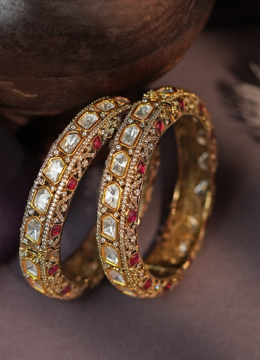 Gold Plated Moissanite Pink And White Stone Bangle Kalyani Indian Jewelry - Fabilicious Fashion