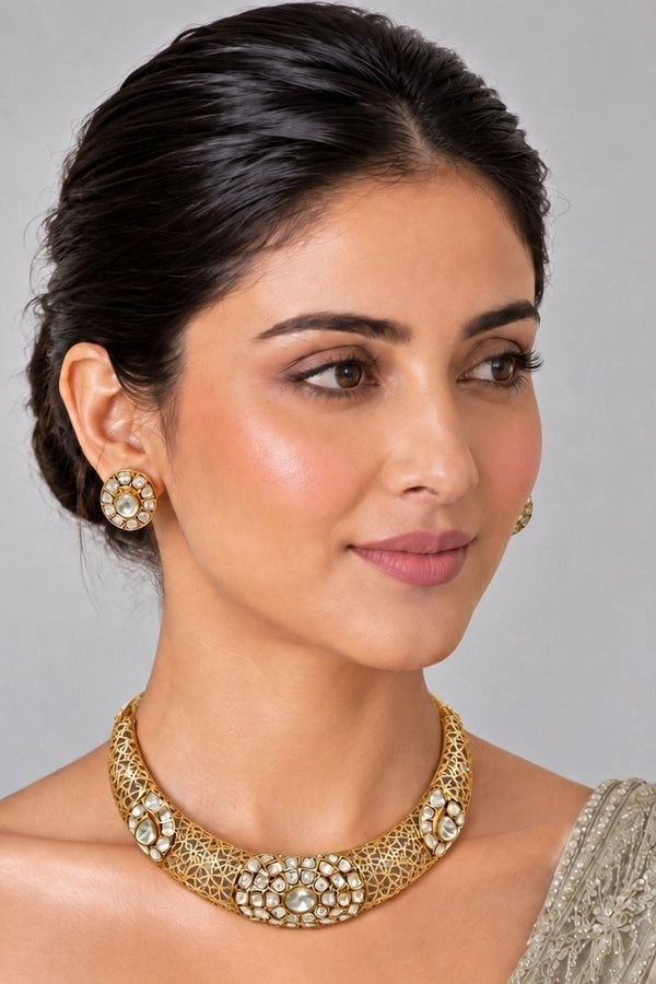 Vivinia by Vidhi Mehra gold plated moissanite polki choker set with stud earrings for the wedding family