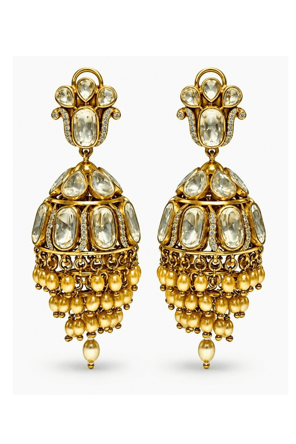 Vivinia by Vidhi Mehra gold plated moissanite polki jhumka with pearl drops for sangeet