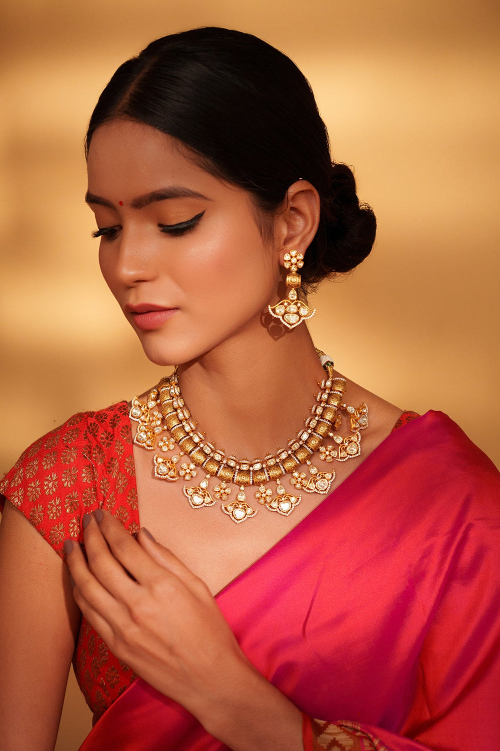 Gold Plated Moissanite Statement Necklace Set With Earrings Zevar by Geeta - Fabilicious Fashion