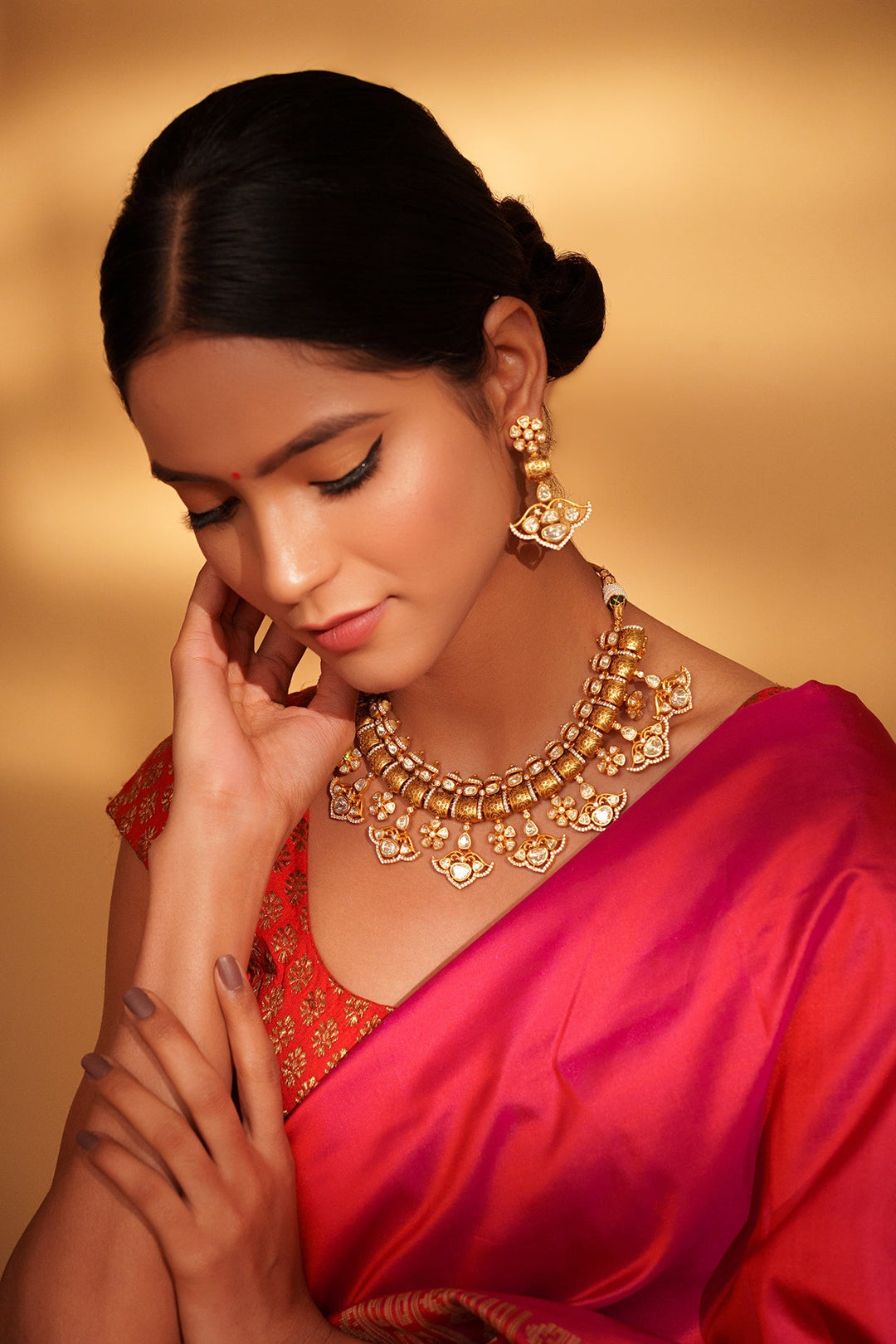 Gold Plated Moissanite Statement Necklace Set With Earrings Zevar by Geeta - Fabilicious Fashion