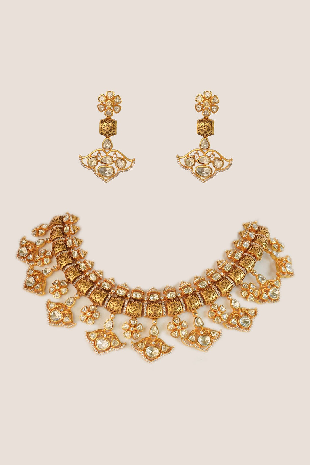 Gold Plated Moissanite Statement Necklace Set With Earrings Zevar by Geeta - Fabilicious Fashion