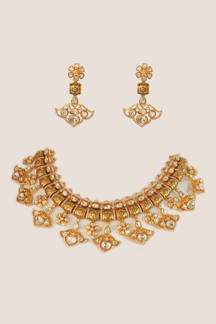 Gold Plated Moissanite Statement Necklace Set With Earrings Zevar by Geeta - Fabilicious Fashion
