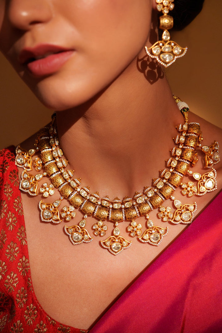 Gold Plated Moissanite Statement Necklace Set With Earrings Zevar by Geeta - Fabilicious Fashion