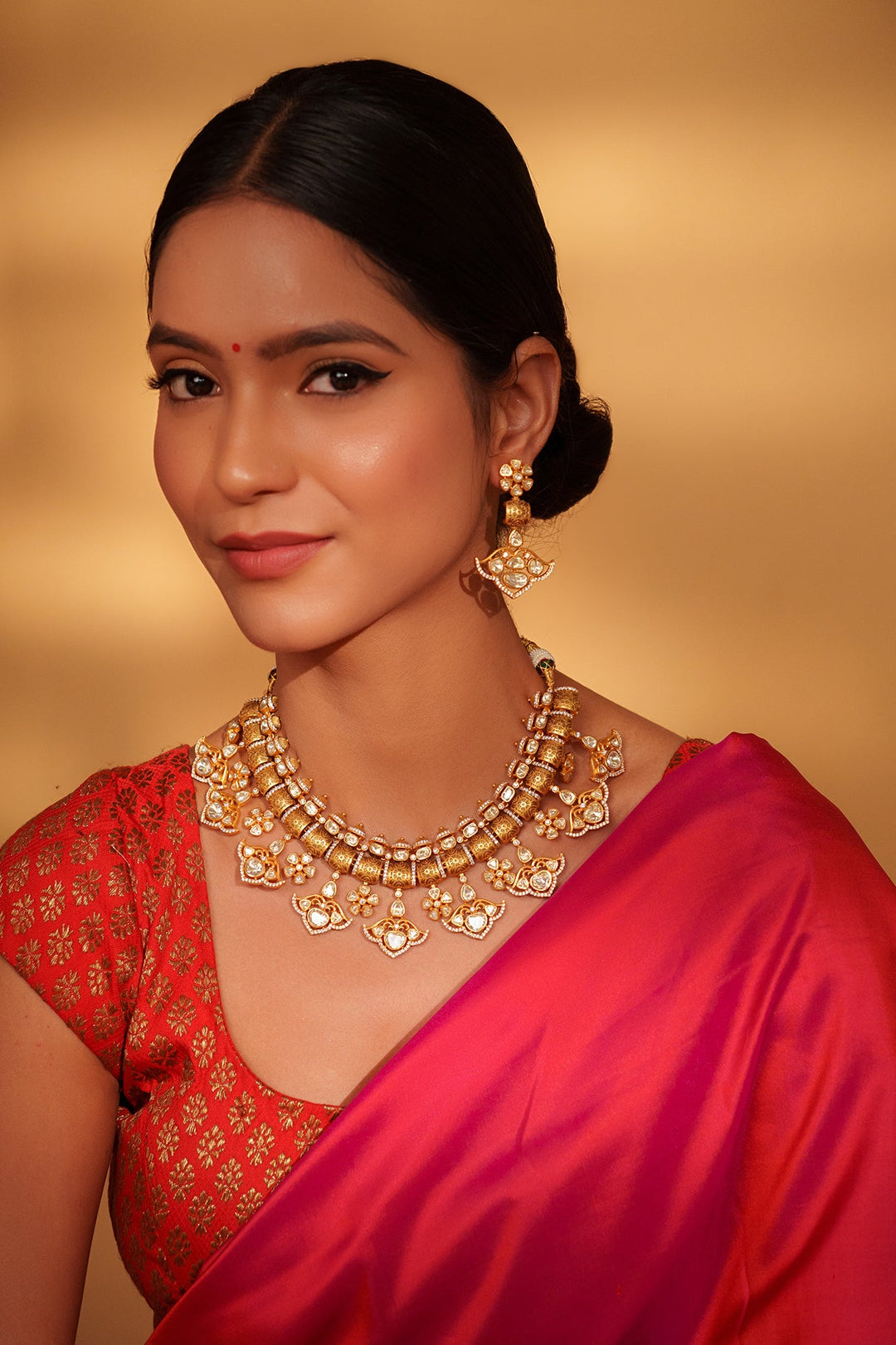 Gold Plated Moissanite Statement Necklace Set With Earrings Zevar by Geeta - Fabilicious Fashion