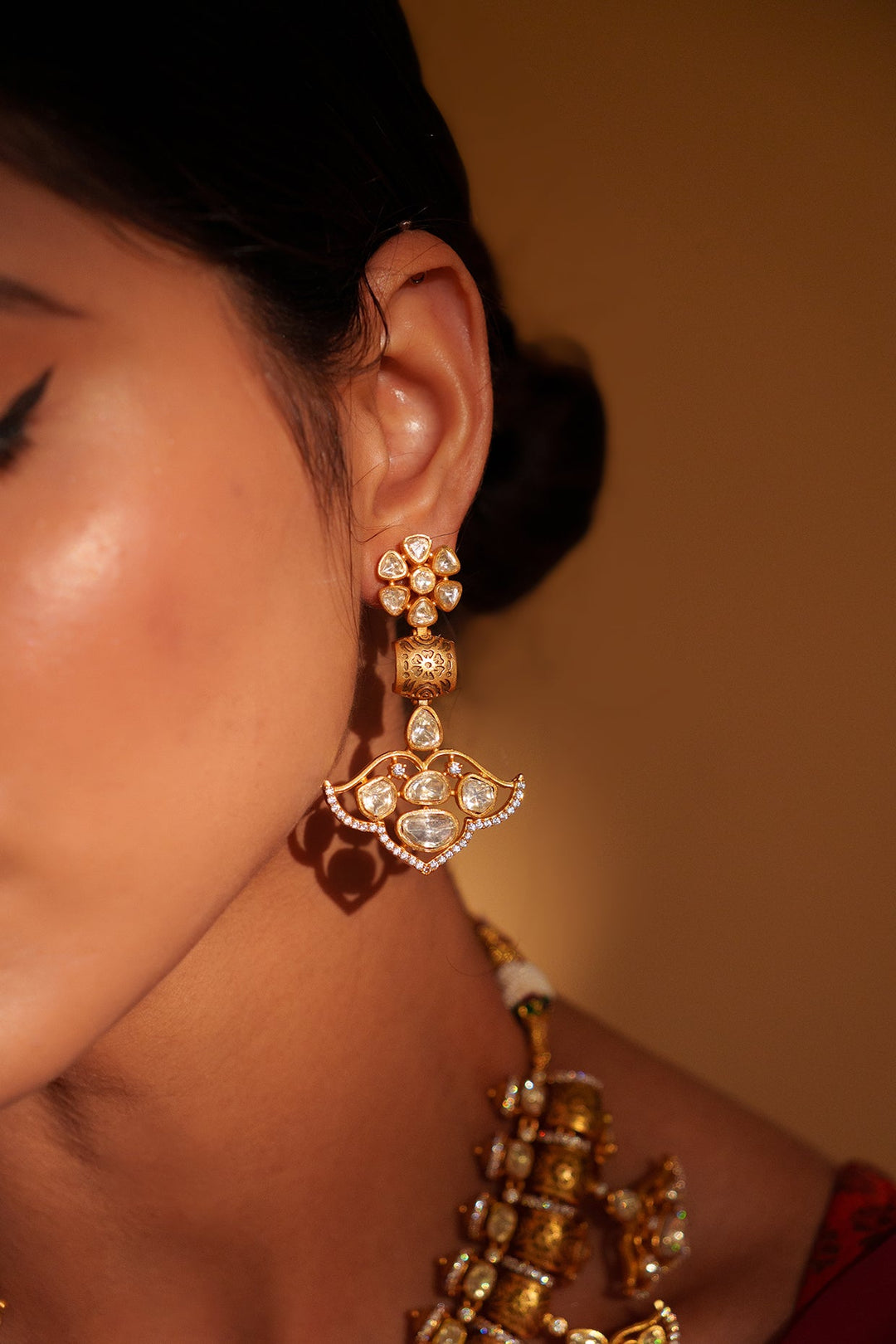 Gold Plated Moissanite Statement Necklace Set With Earrings Zevar by Geeta - Fabilicious Fashion
