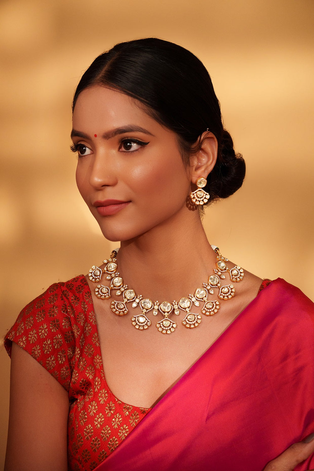 Gold Plated Moissanite Stone Necklace Set With Earrings Zevar by Geeta - Fabilicious Fashion