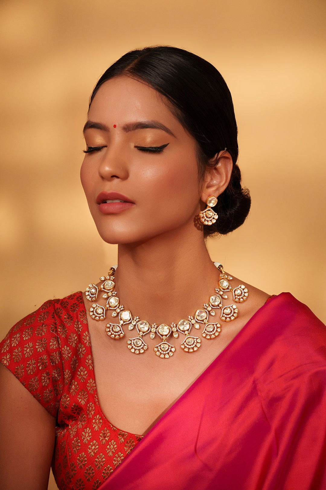 Gold Plated Moissanite Stone Necklace Set With Earrings Zevar by Geeta - Fabilicious Fashion