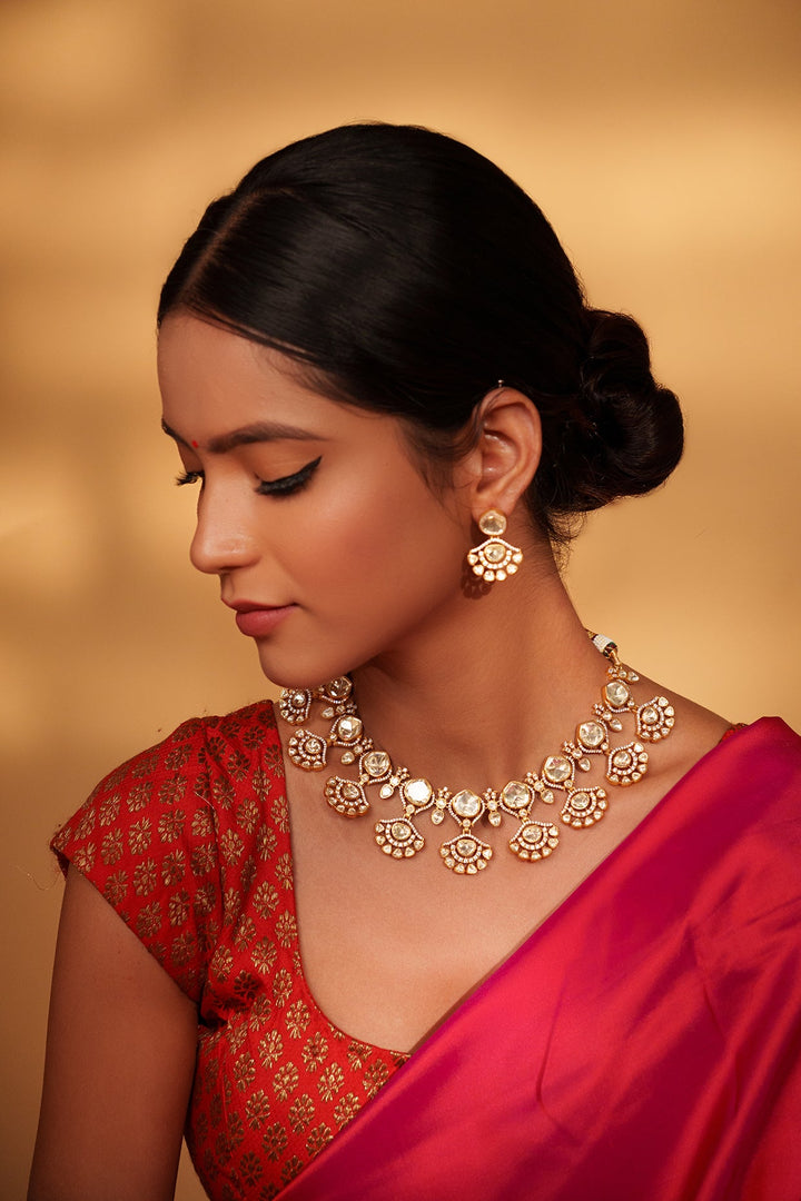 Gold Plated Moissanite Stone Necklace Set With Earrings Zevar by Geeta - Fabilicious Fashion