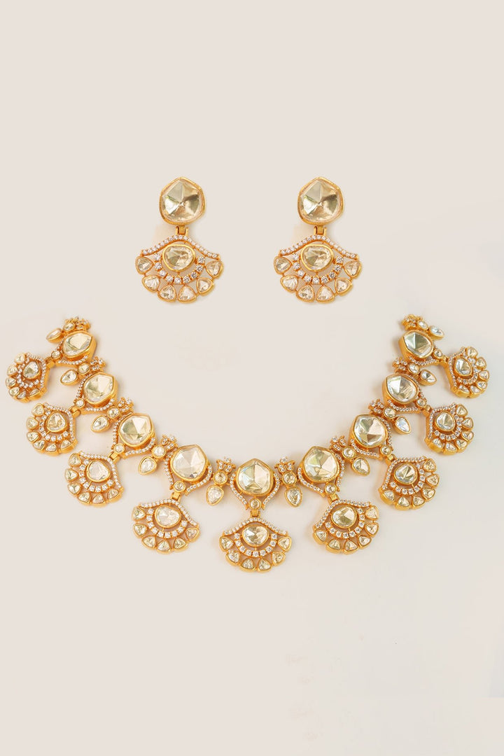 Gold Plated Moissanite Stone Necklace Set With Earrings Zevar by Geeta - Fabilicious Fashion