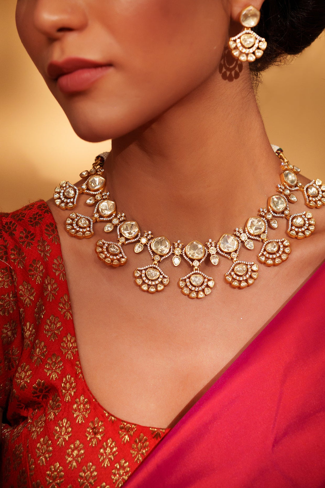 Gold Plated Moissanite Stone Necklace Set With Earrings Zevar by Geeta - Fabilicious Fashion
