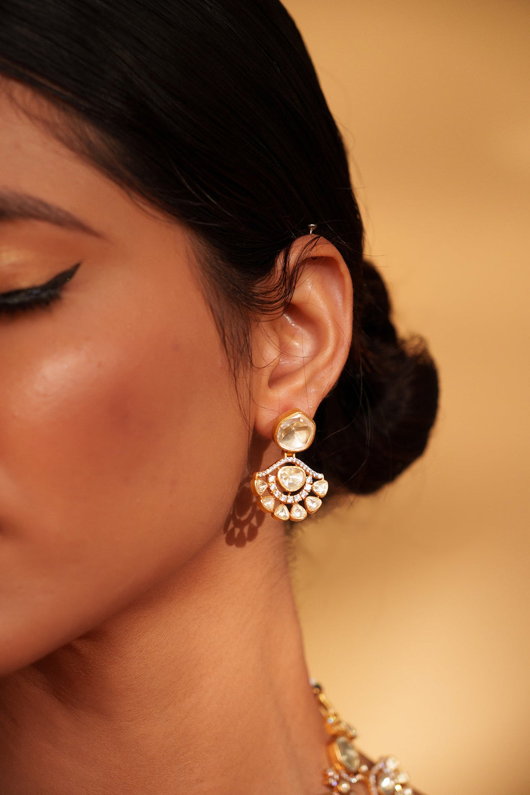 Gold Plated Moissanite Stone Necklace Set With Earrings Zevar by Geeta - Fabilicious Fashion