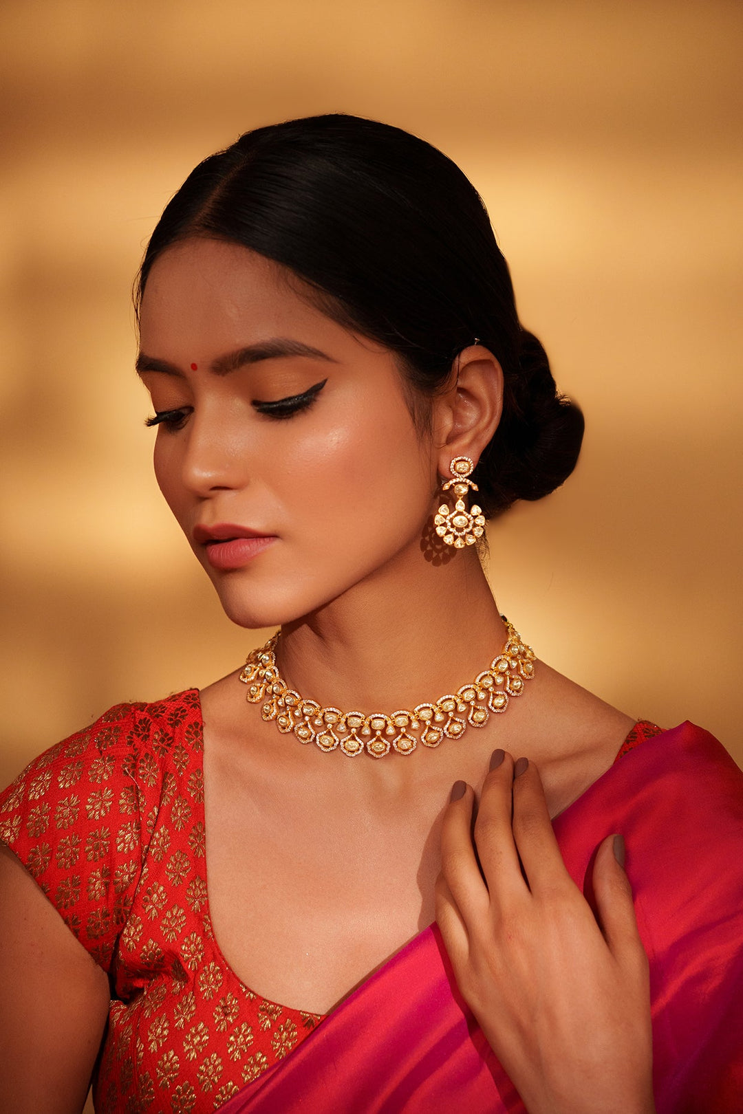 Gold Plated Moissanite Stone Necklace Set Zevar by Geeta - Fabilicious Fashion