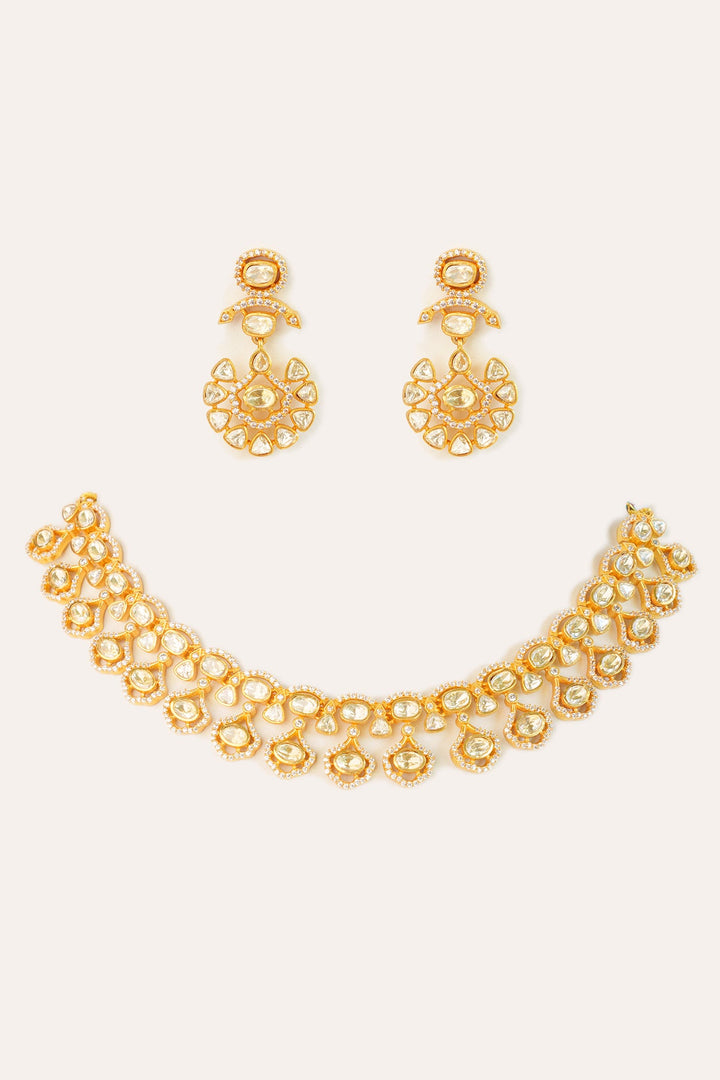 Gold Plated Moissanite Stone Necklace Set Zevar by Geeta - Fabilicious Fashion