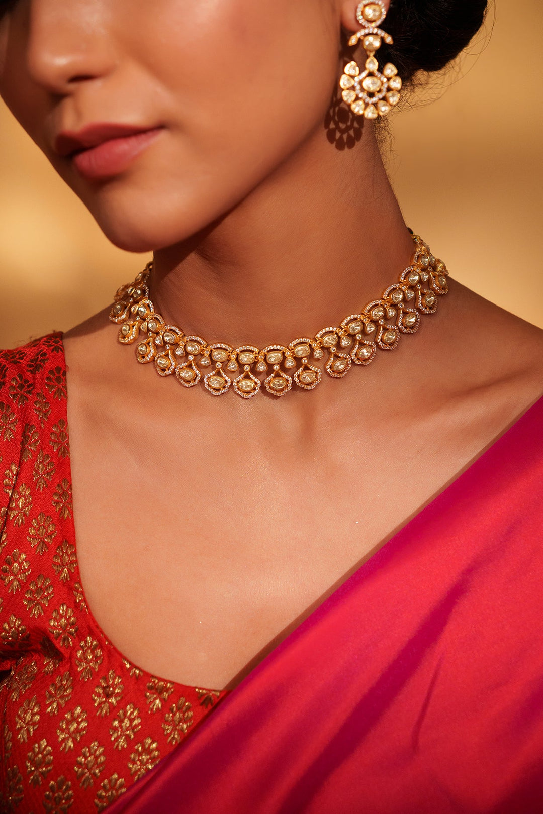 Gold Plated Moissanite Stone Necklace Set Zevar by Geeta - Fabilicious Fashion