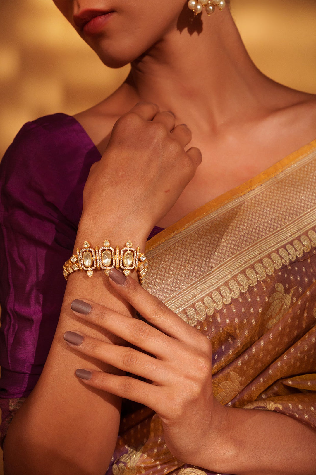 Gold Plated Moissanite Studded Bracelet Zevar by Geeta - Fabilicious Fashion