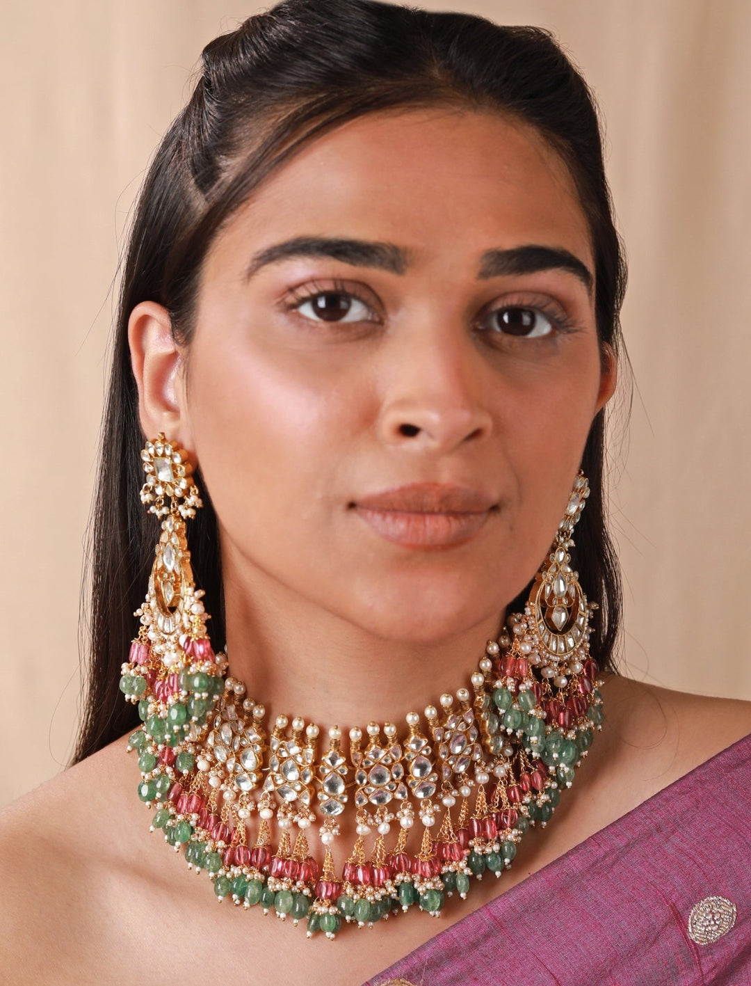 Gold Plated Multi Colour Necklace Set Riana by Shikha Jindal - Fabilicious Fashion