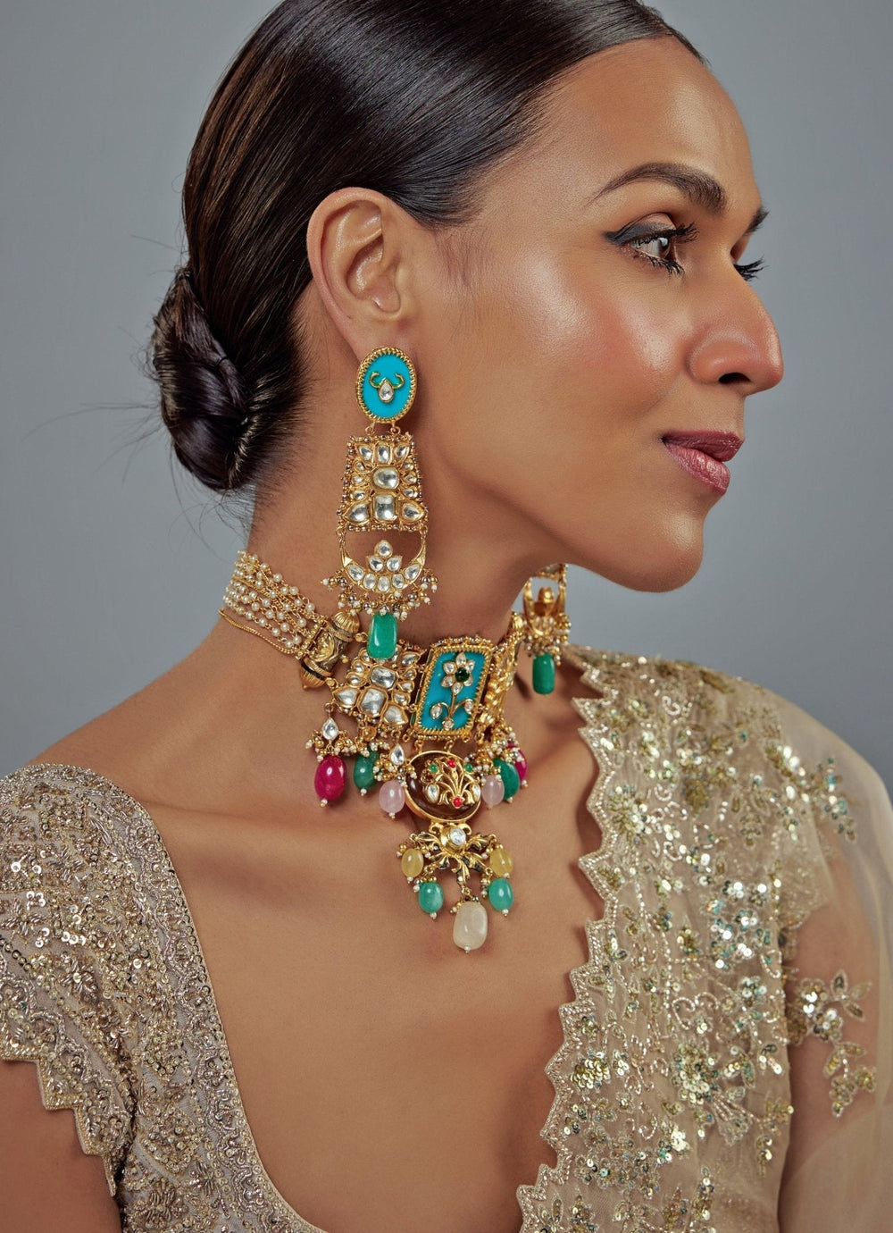 Gold Plated Multi Kundan Choker Necklace Set Vivinia by Vidhi Mehra - Fabilicious Fashion
